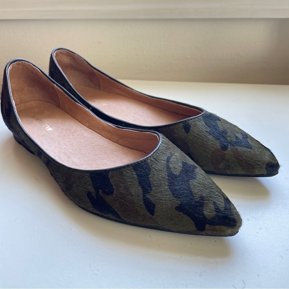 Anthropologie All Black Jungle Ballet Flats Camo Pointy-tow Calfhair slip-ons 8
